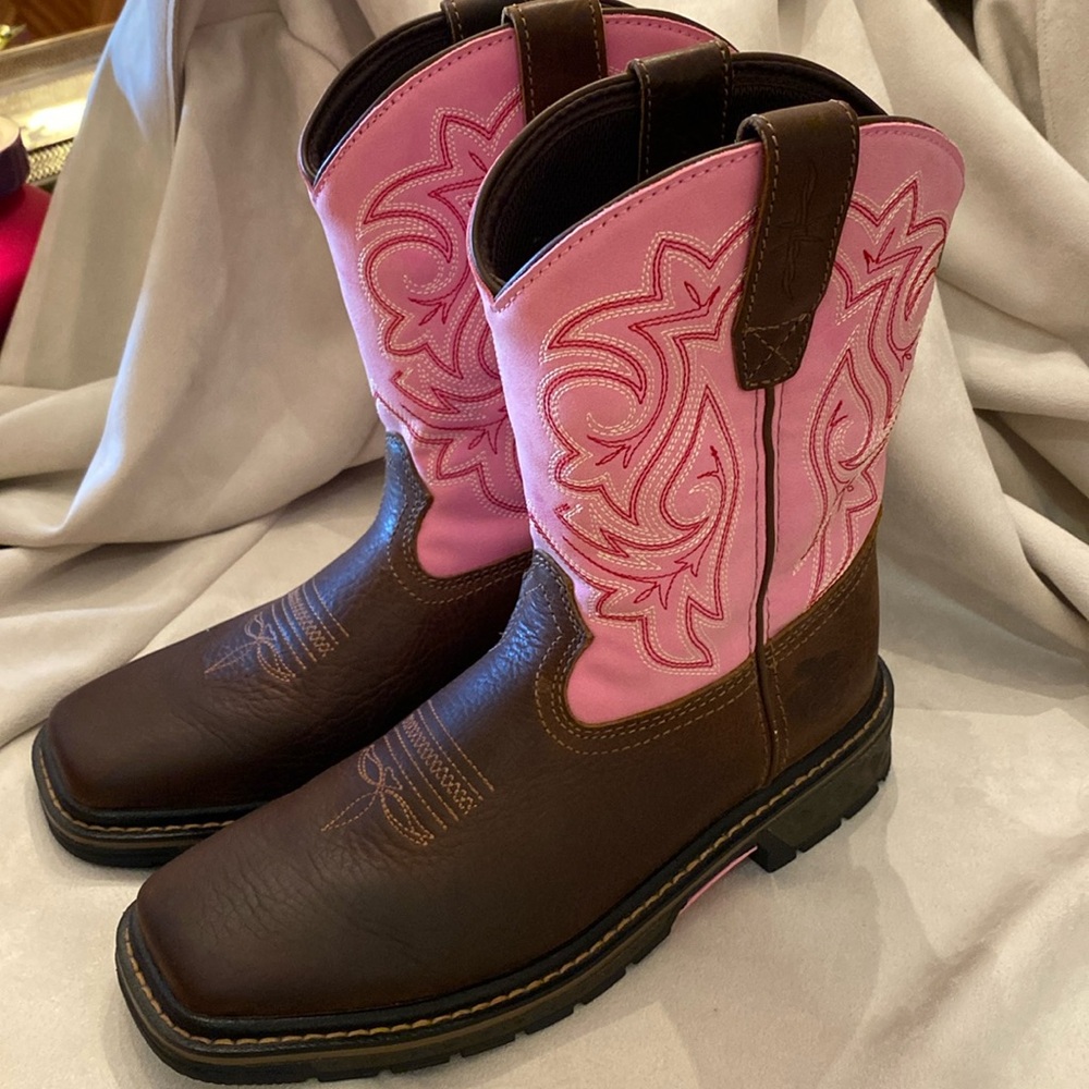 BIG SALE!!! Georgia Boot Square Toe Leather Cowgirl Pink Brown Boots Girl 4M